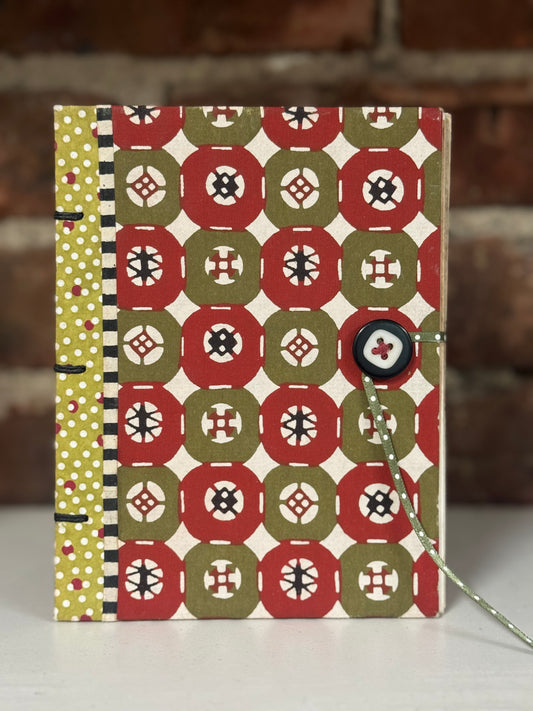 Exposed-Spine Journal — Button Closure (Red & Olive Pattern)