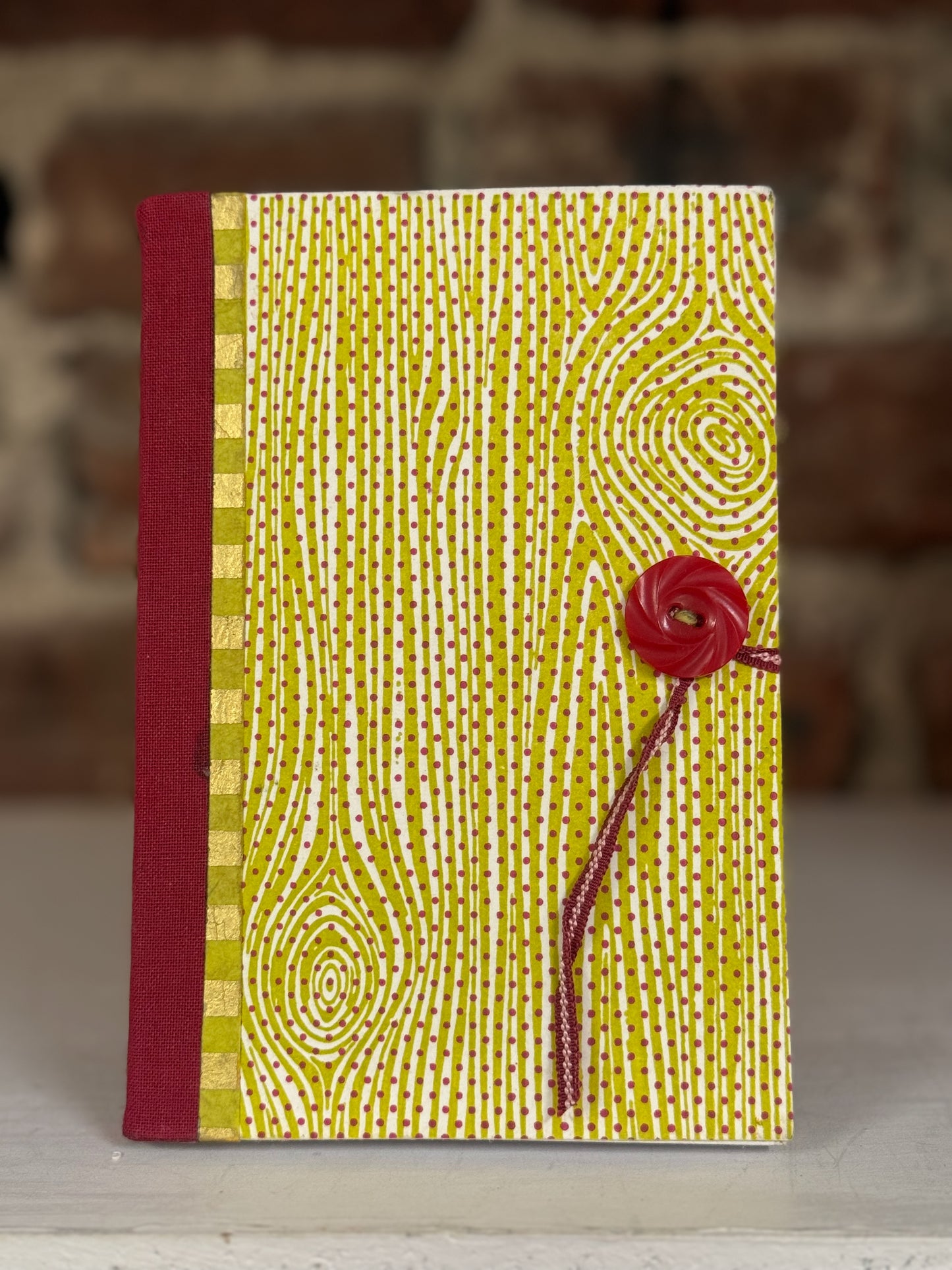 Handbound Journal — Letterpress Woodgrain Cover with Antique Button